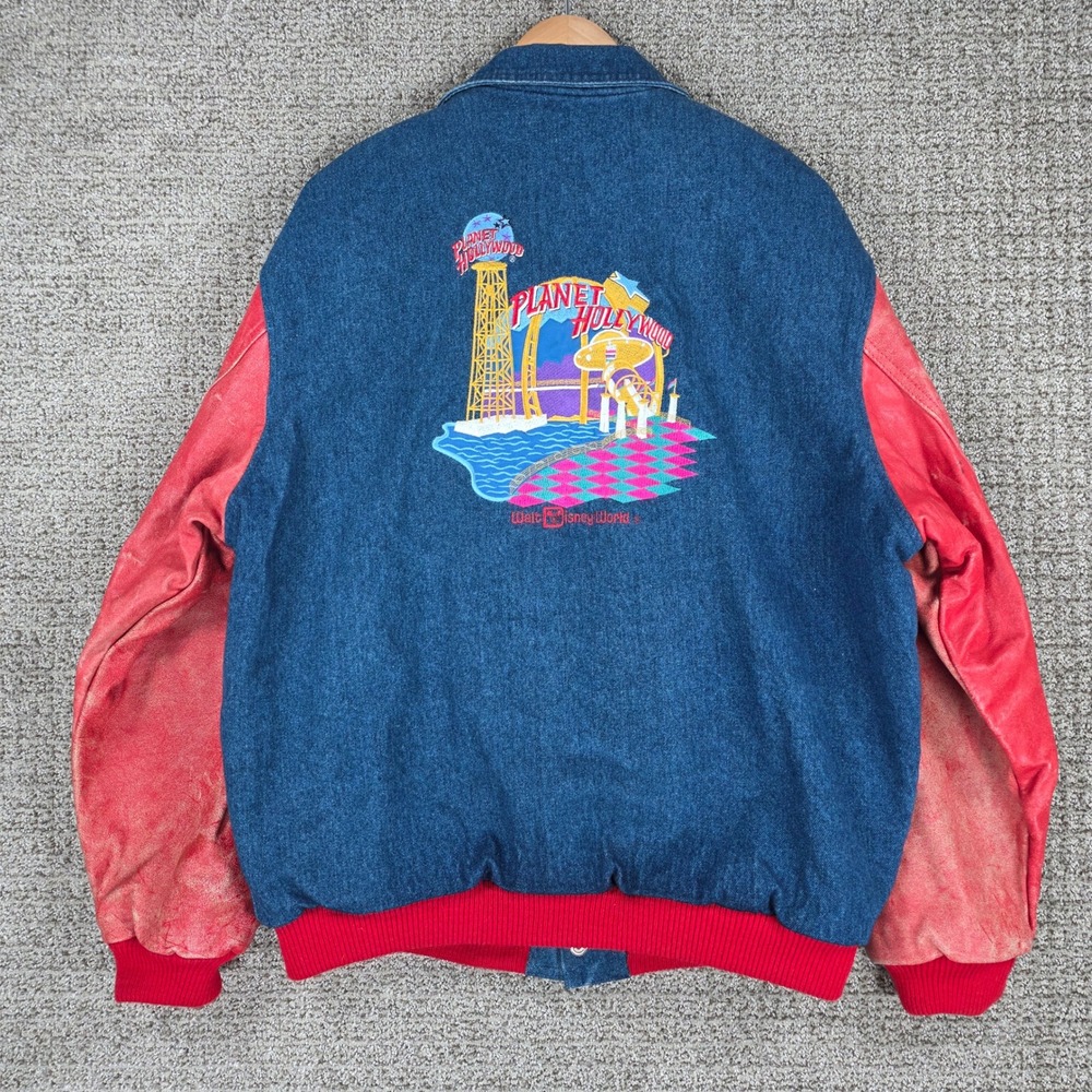 Vintage Planet Hollywood Walt Disney World Denim Leather Varsity Jacket Mens L